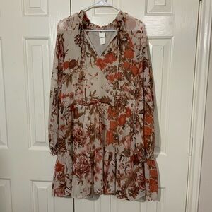 H&M Balloon-Sleeved Dress Beige Floral